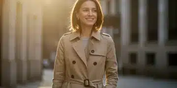 Woman confidently walking in a classic trench coat, symbolizing optimized style budget and high-quality fashion.