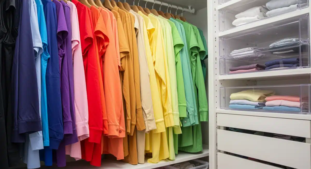 Organized closet with color-coordinated clothing, minimalist hangers