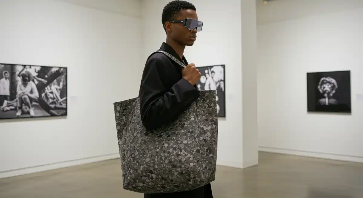 Person with oversized recycled tote bag and futuristic sunglasses in a minimalist art gallery.
