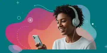 Smiling person listening to an inspirational podcast on a smartphone, embodying daily upliftment.