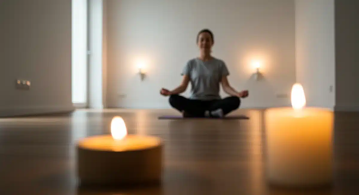 Person meditating peacefully in minimalist room with soft light and candle.