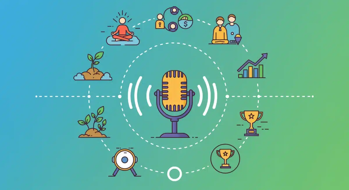 Graphic depicting sound waves from a microphone, symbolizing podcast impact on personal growth.