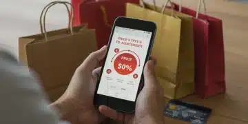 Savvy shopper analyzing price drops on a smartphone after a purchase, aiming for a refund.