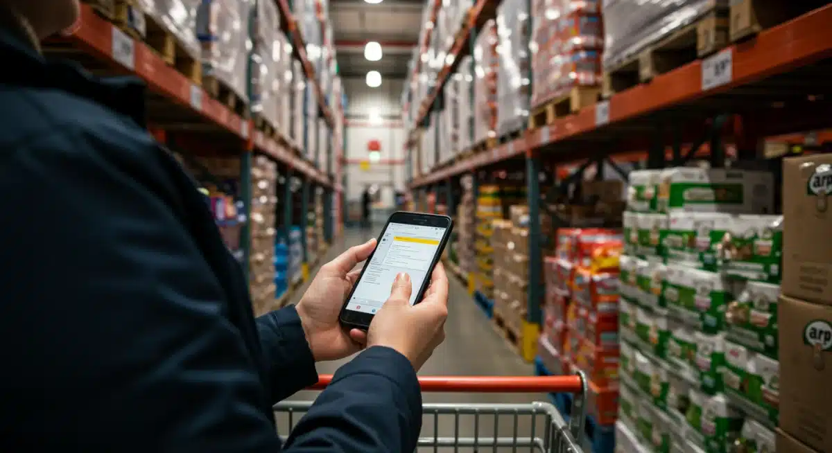 Person comparing prices in a warehouse club aisle