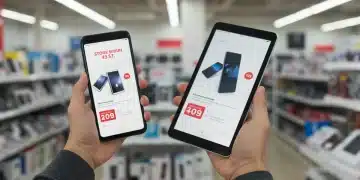 Person comparing prices on tech gadgets using price matching strategies for 2025 purchases.