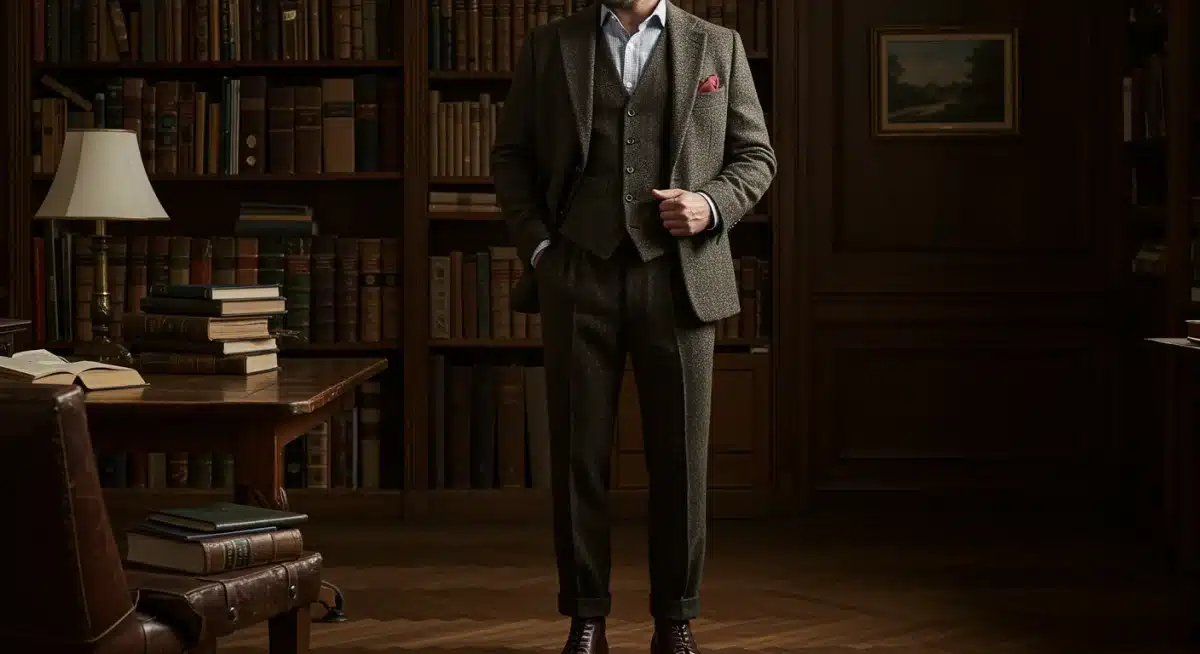 Man in refined heritage style: tweed blazer, wool vest, tailored shirt, leather boots.