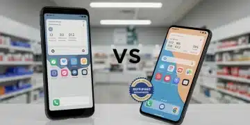 Refurbished vs new smartphone comparison with data overlay