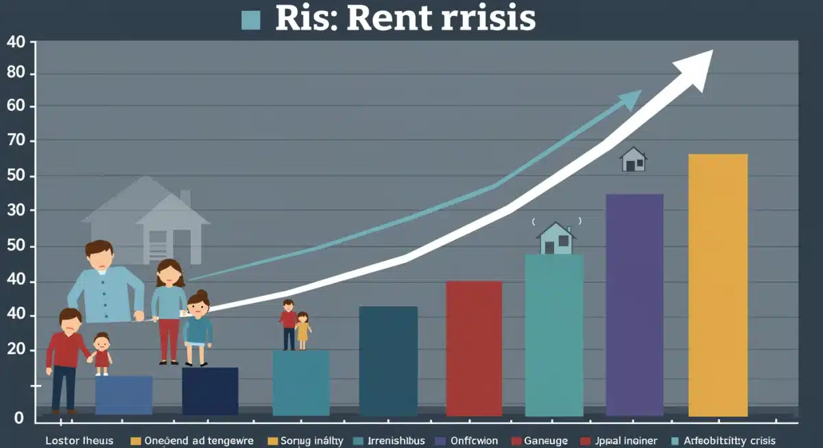 Rising rent prices graph with struggling family seeking affordable housing