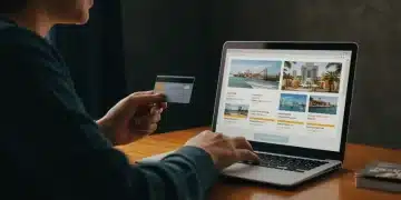 Savvy traveler planning 2025 trip, saving money on flights and hotels.