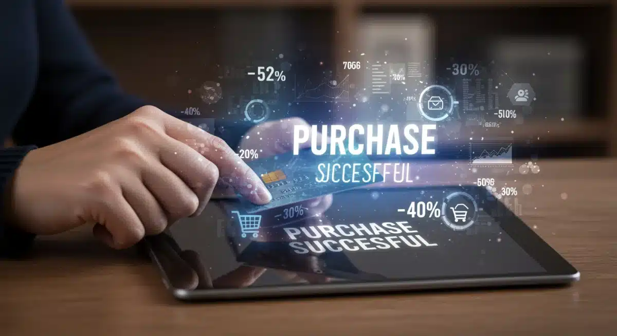 Hand holding credit card, completing a successful online purchase on a tablet, with digital savings graphics, demonstrating effective deal acquisition.