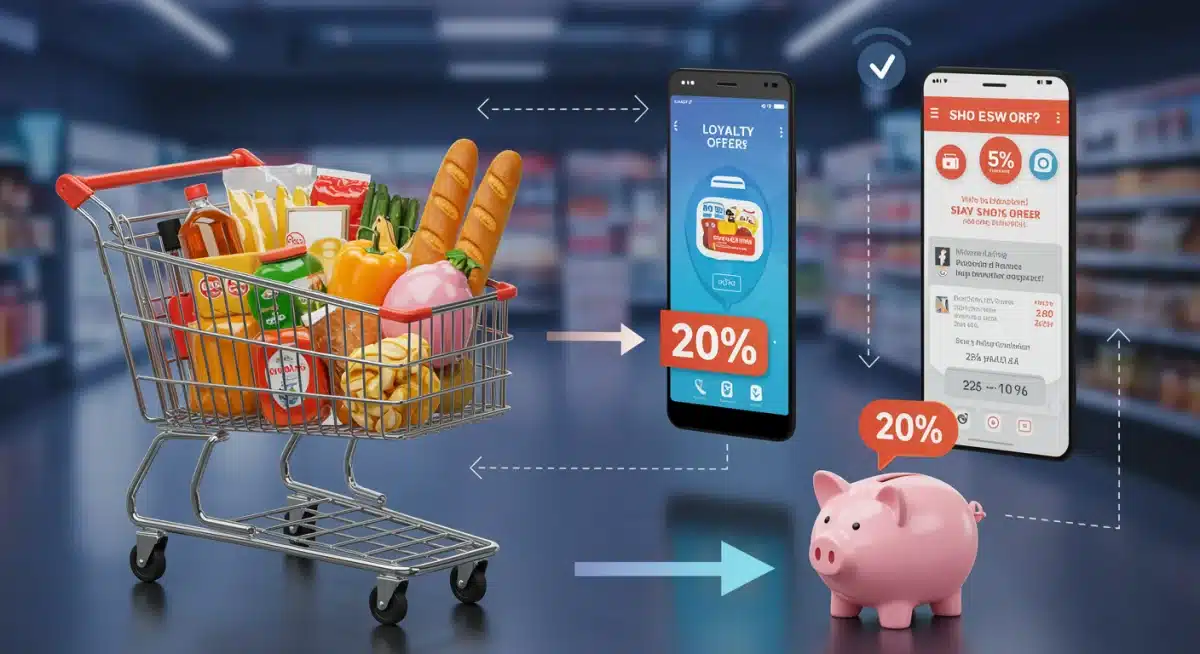 Infographic of shopping cart, piggy bank, and 20% savings, loyalty apps