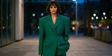 Woman confidently wearing an oversized sculptural blazer, a top trend for 2025 statement pieces.