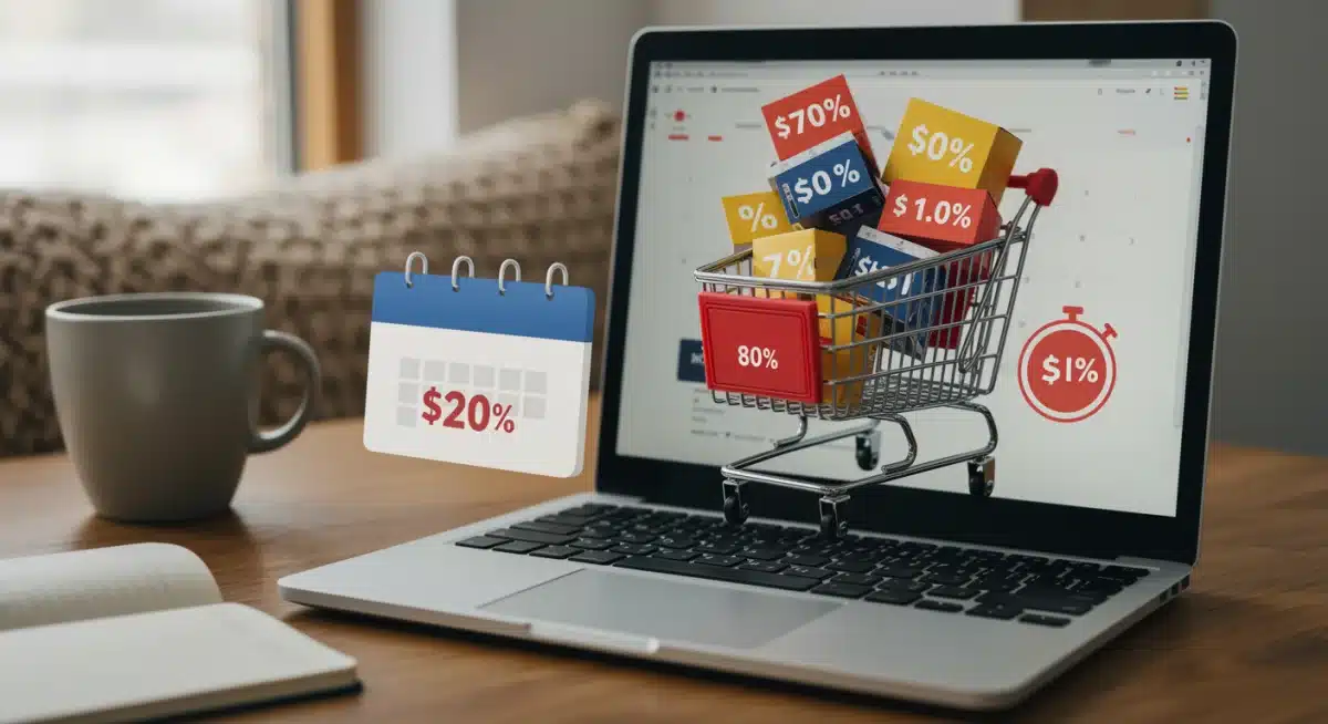 Laptop screen showing a pre-filled online shopping cart with discounted items, symbolizing strategic preparation for flash sales.