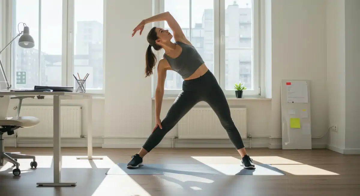Office worker performing light stretches for a quick break