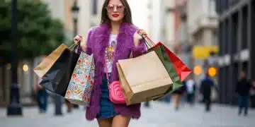 Stylish woman with shopping bags, showcasing smart fashion choices in urban setting