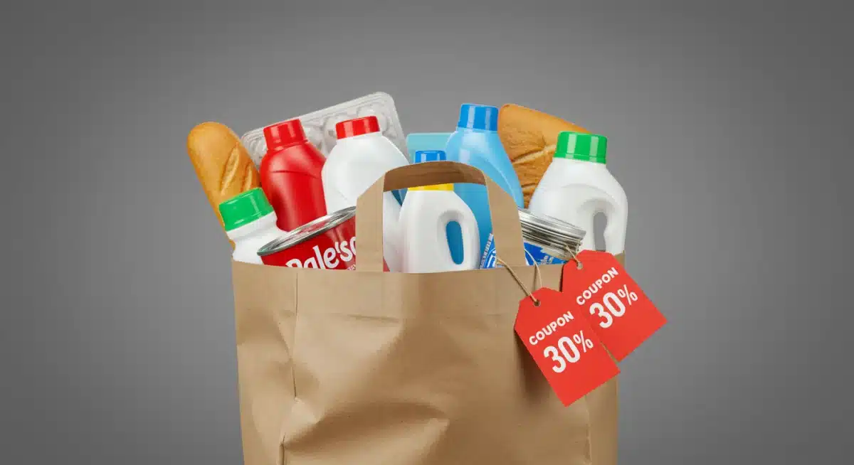 Shopping bag filled with discounted products, showcasing the tangible results of effective coupon stacking.