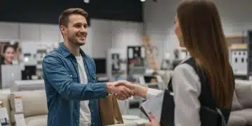 Confident shopper shaking hands with sales associate after successful negotiation