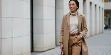 Woman wearing chic sustainable clothing, walking confidently