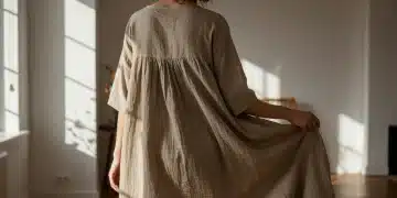 Woman wearing a sustainable fabric dress in a modern, eco-friendly setting