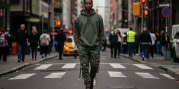 Man in sustainable urban wear: organic hoodie, recycled cargo pants, minimalist sneakers.