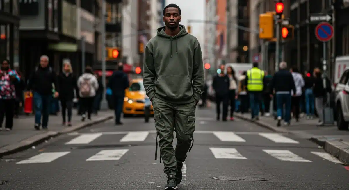 Man in sustainable urban wear: organic hoodie, recycled cargo pants, minimalist sneakers.