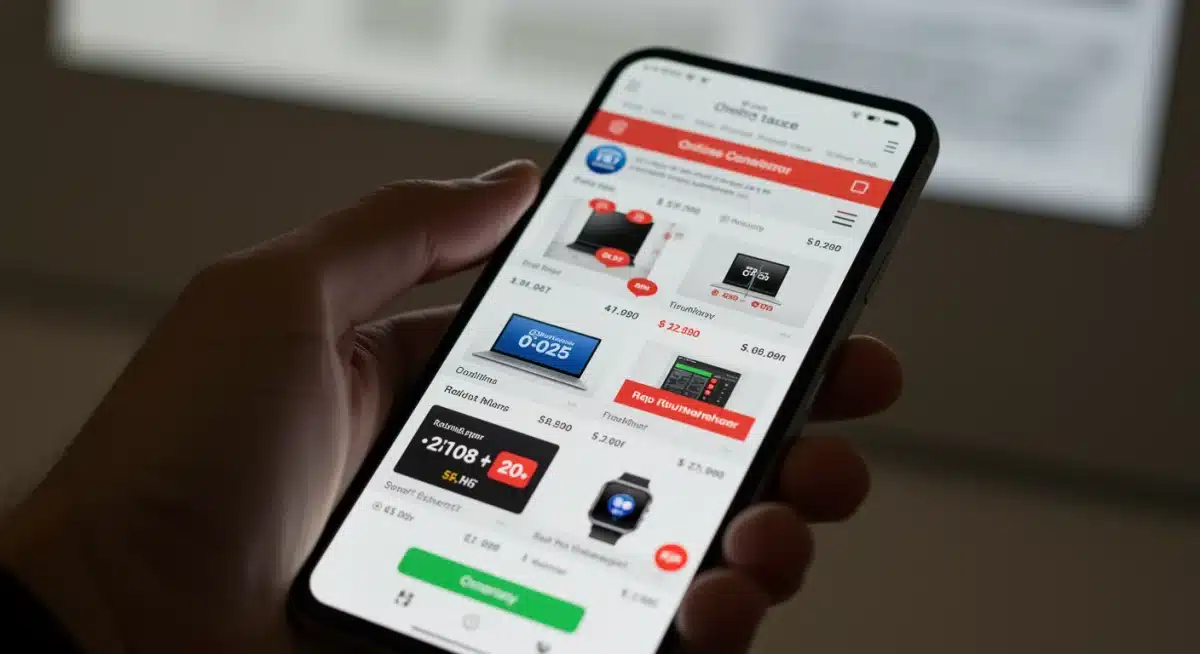 Smartphone displaying price comparison results for 2025 tech products from various retailers.