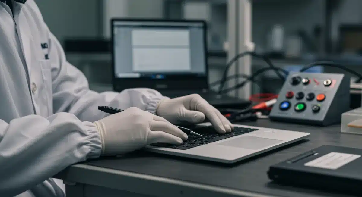 Technician inspecting a refurbished laptop for quality assurance