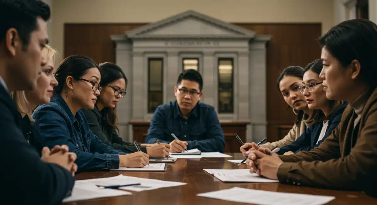 Tenants advocating for rights at community meeting with government building