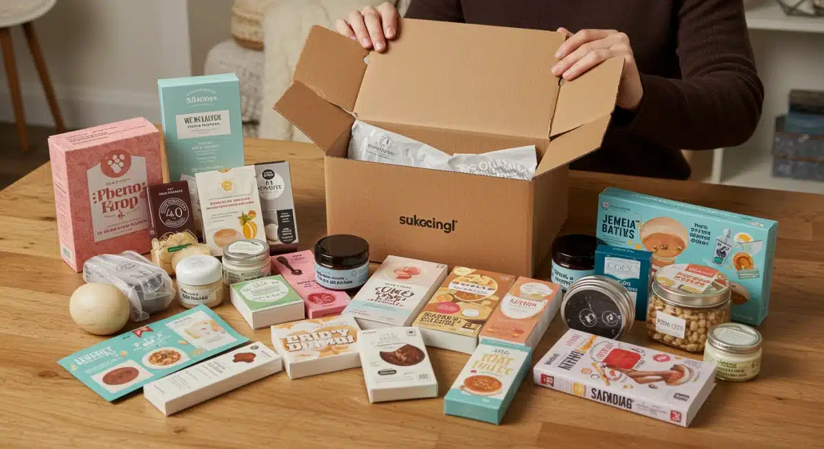 Happy customer unboxing a curated subscription box, revealing premium products and a positive experience.