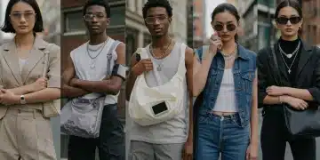 Diverse individuals displaying latest accessory trends in a vibrant urban street fashion scene.