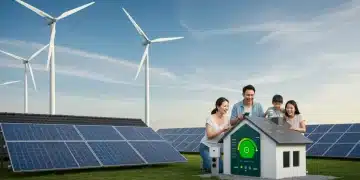 Solar panels on a modern home with wind turbines in the background, symbolizing US renewable energy incentives.