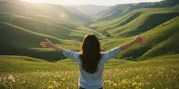 Person with open arms in a vibrant, abundant landscape, symbolizing a positive mindset shift.