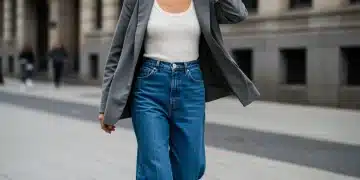 Woman wearing high-waisted wide-leg denim jeans with a white tank top and blazer in a city setting.