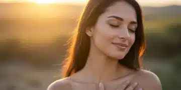 Woman meditating with positive affirmations, serene expression