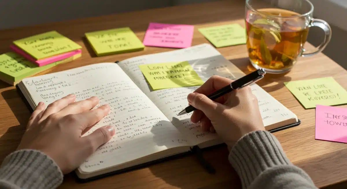 Person writing positive affirmations in a journal