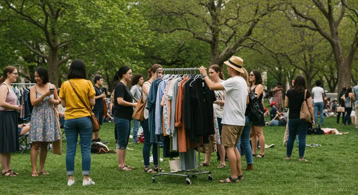 Community clothing swap event, promoting circular fashion in the US