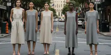 Models in diverse sustainable fashion, urban eco-chic style, US