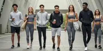 Stylish individuals in 2026 athleisure wear walking in a modern city.