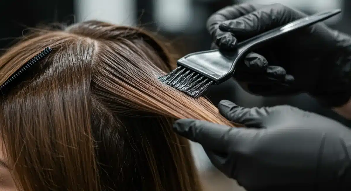 Hair stylist applying color to client's hair, demonstrating expert technique.