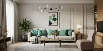 Modern living room with neutral tones, natural light, and sustainable furniture, embodying timeless elegance for home decor.