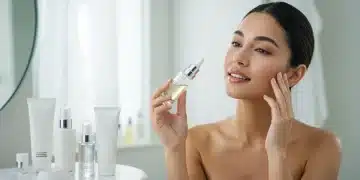 Woman with radiant skin applying advanced skincare serum