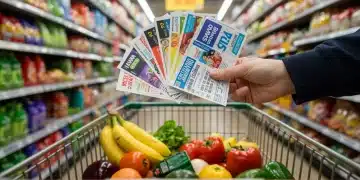 Hands stacking coupons over a grocery cart in a supermarket for maximum savings.