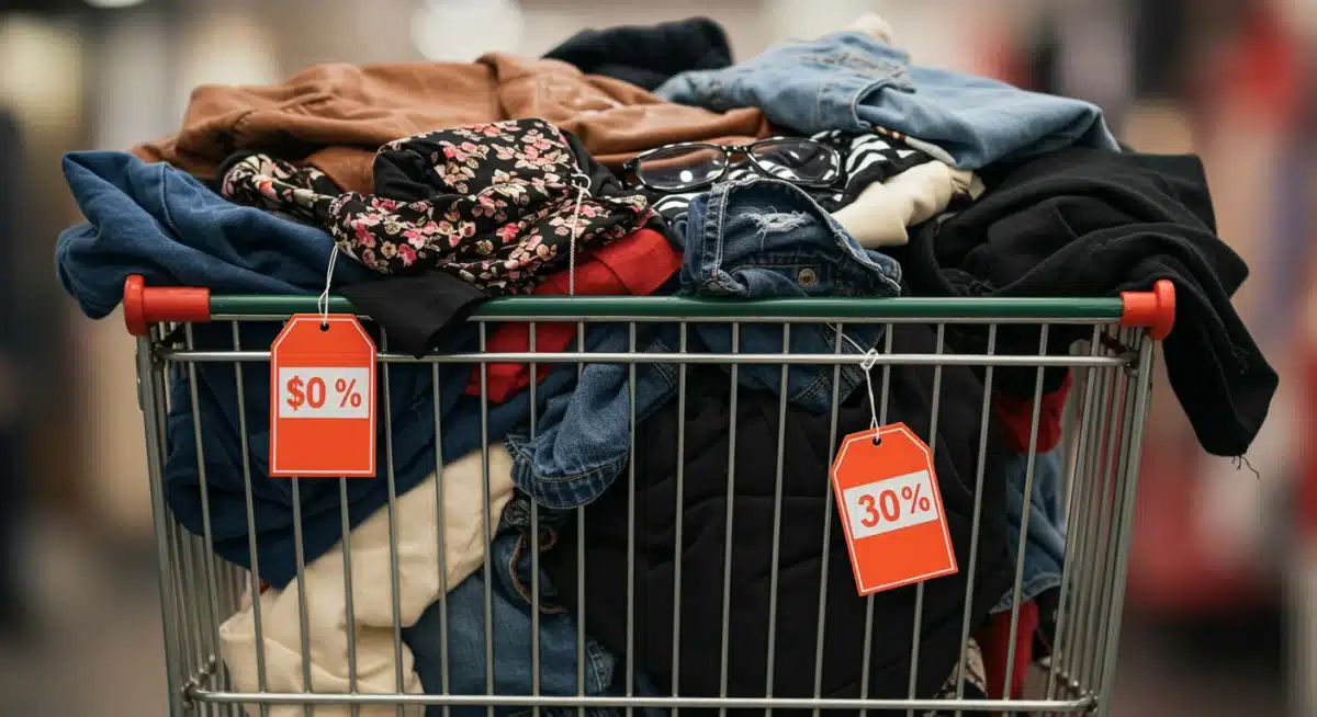 Shopping cart filled with discounted brand name clothing at a factory outlet.