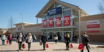 Shoppers entering a bustling factory outlet, highlighting savings on brand names.