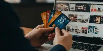 Person comparing credit cards for maximizing cash back on online purchases