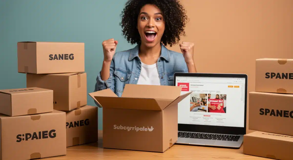 Person unboxing a subscription box, surrounded by other boxes and a laptop with deals.