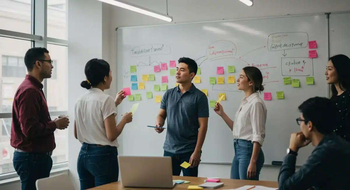 Diverse group of Americans brainstorming creative ideas in a collaborative environment.