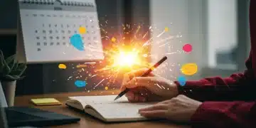 Person experiencing a burst of creativity in 2026, sketching in a notebook with vibrant colors.