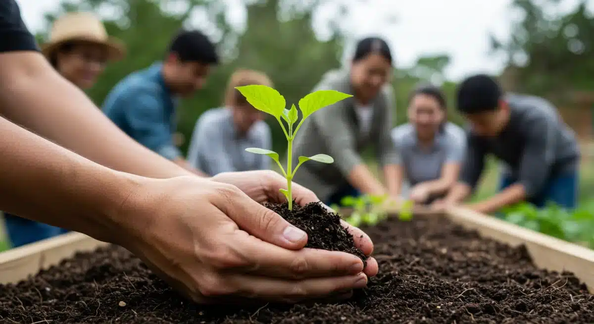Hands nurturing a seedling, symbolizing growth and community well-being in the US
