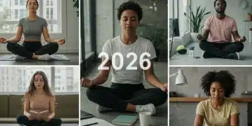 Diverse US professionals practicing morning rituals in 2026, including meditation and exercise.